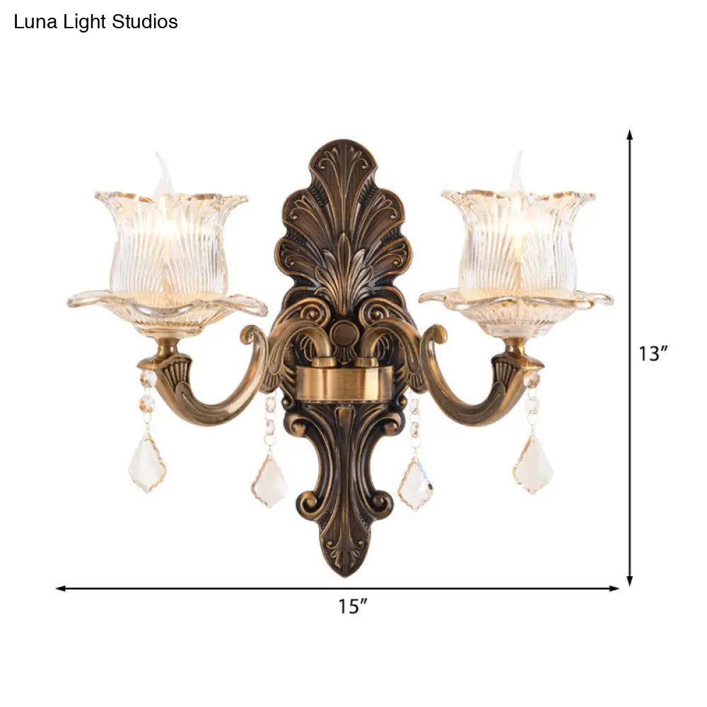 Vintage Brass Wall Sconce With Petal Textured Glass Shade For Living Rooms