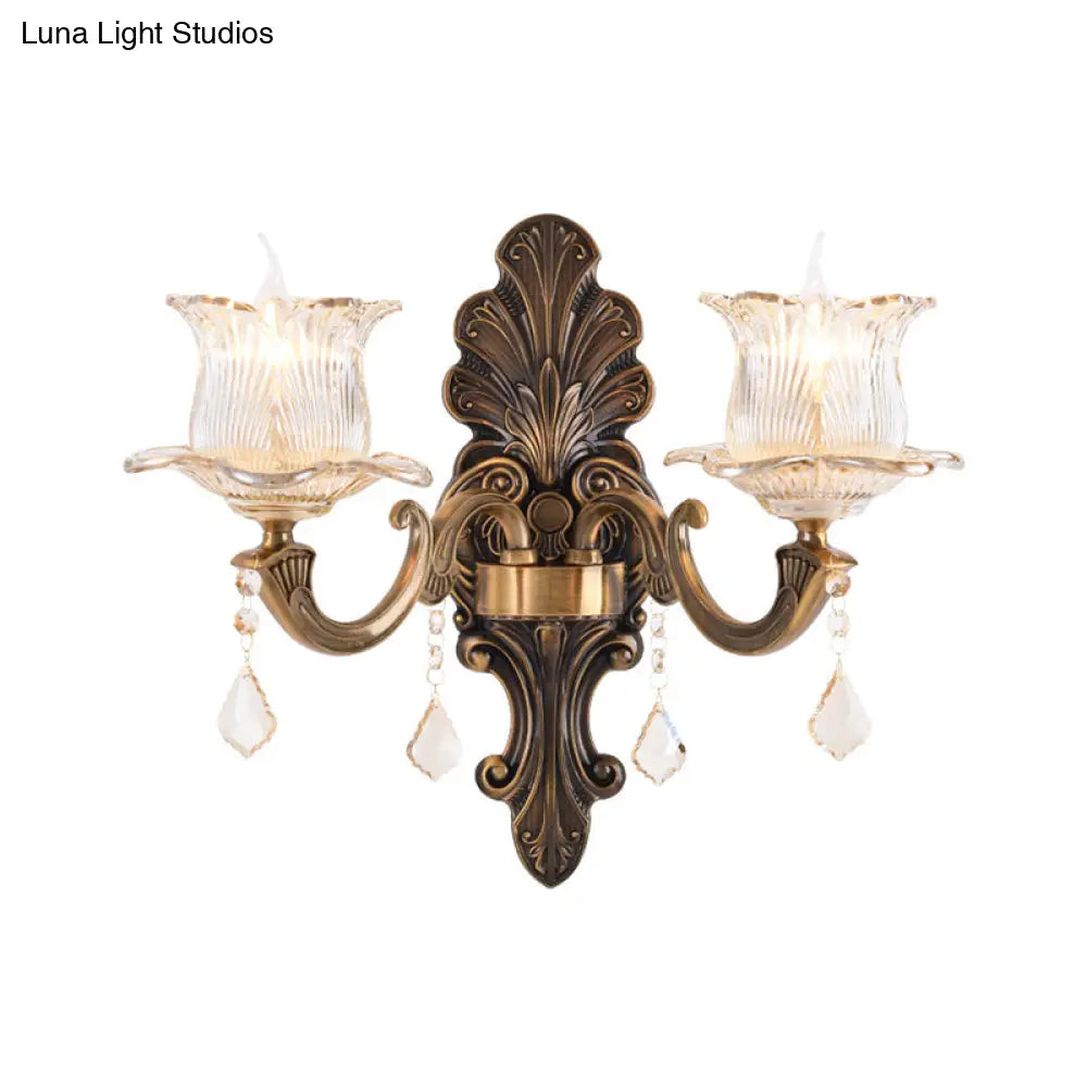 Vintage Brass Wall Sconce With Petal Textured Glass Shade For Living Rooms