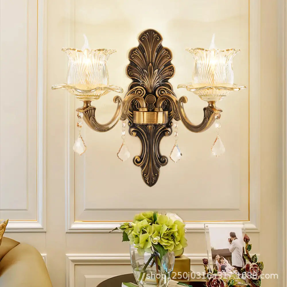 Vintage Brass Wall Sconce With Petal Textured Glass Shade For Living Rooms 2 /