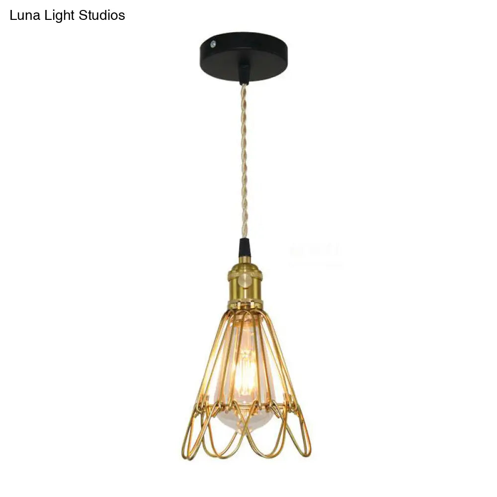 Vintage Brass Wire Frame Pendant Lamp W/ Ruffled Edge - Metallic 1-Light Hanging Light For Living