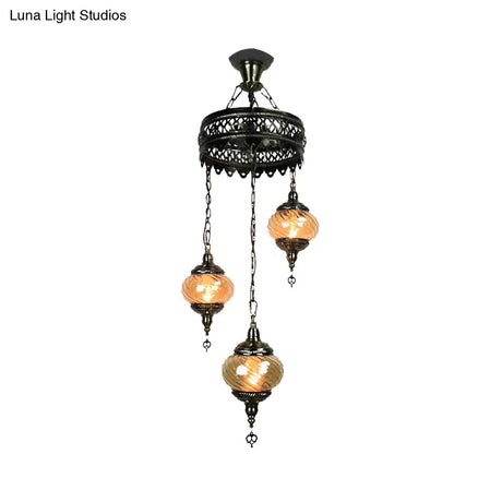 Vintage Bronze Chandelier With Colorful Glass Shades - 3/5/7 Bulbs Pendant Light For Coffee House