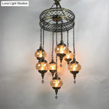 Vintage Bronze Chandelier With Colorful Glass Shades - 3/5/7 Bulbs Pendant Light For Coffee House