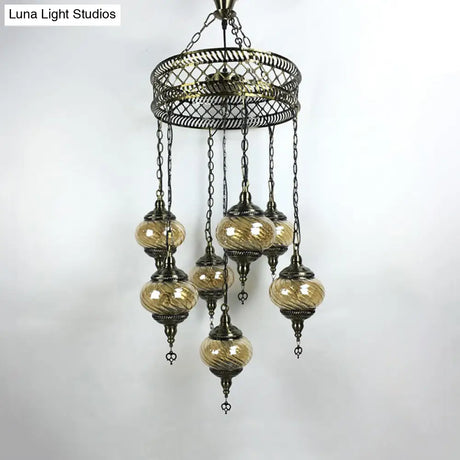 Vintage Bronze Chandelier With Colorful Glass Shades - 3/5/7 Bulbs Pendant Light For Coffee House