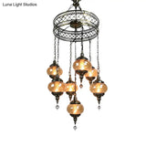 Vintage Bronze Chandelier With Colorful Glass Shades - 3/5/7 Bulbs Pendant Light For Coffee House