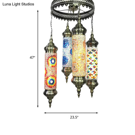 Vintage Bronze Cylindrical Chandelier With Colorful Glass - 4 Bulb Pendant Light For Living Room