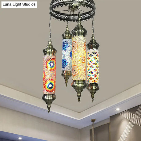 Vintage Bronze Cylindrical Chandelier With Colorful Glass - 4 Bulb Pendant Light For Living Room