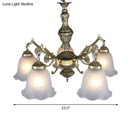Vintage Bronze Floral Down Chandelier With Frosted Glass - 5-Bulb Dining Room Lamp