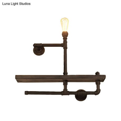 Vintage Bronze Wall Mount Light With Wood Shelf And Water Pipe Design For Living Room Décor