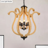 Vintage Brown 5-Head Roped Cage Chandelier With Flower Shade - Ideal For Restaurants