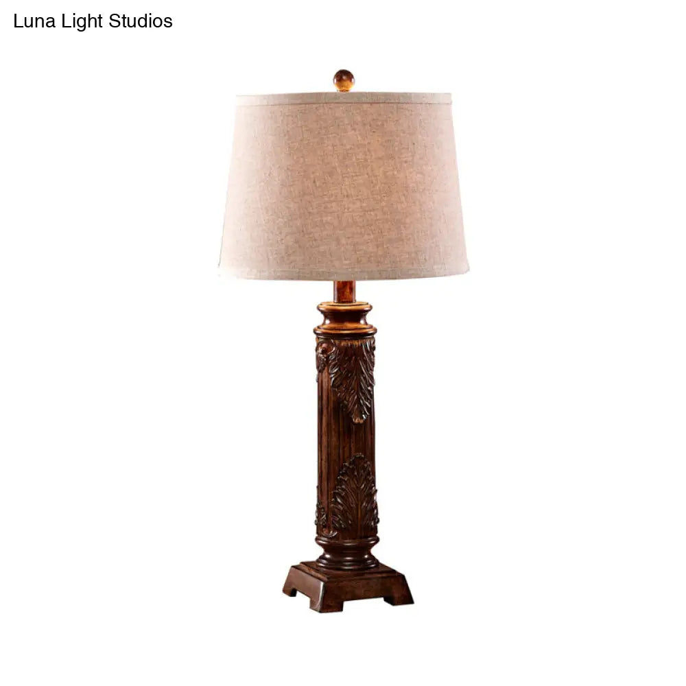 Vintage Brown Carved Base Table Lamp With Tapered Fabric Shade - Perfect For Study Rooms And Night