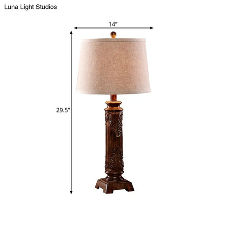 Vintage Brown Carved Base Table Lamp With Tapered Fabric Shade - Perfect For Study Rooms And Night