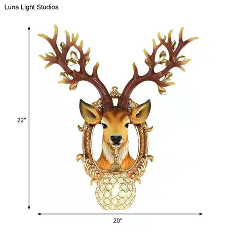 Vintage Brown Globe Wall Light - 1-Light Crystal And Metal Sconce With Deer Backplate