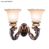 Vintage Brown Half-Head Wall Lamp With Pink And White Floral-Shaped Glass - Retro Lighting Fixture