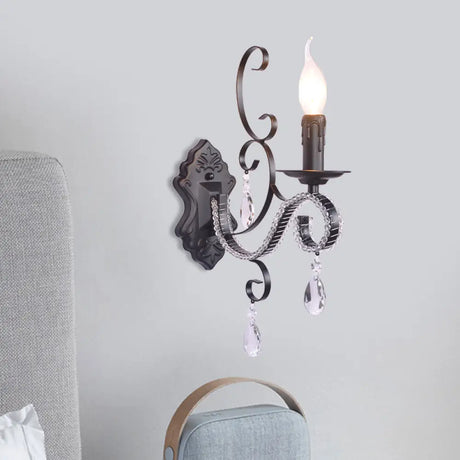 Vintage Candle Wall Lamp With Crystal Accent Black Metal Finish 1 /