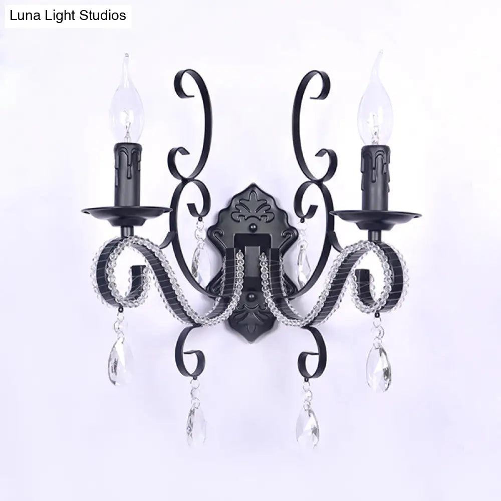 Vintage Candle Wall Lamp With Crystal Accent Black Metal Finish
