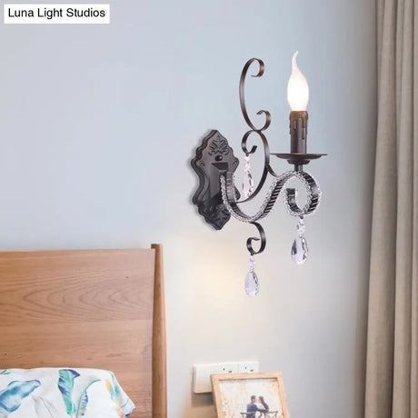 Vintage Candle Wall Lamp With Crystal Accent Black Metal Finish