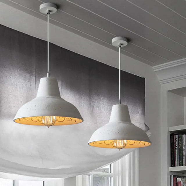 Vintage Cement Hanging Light Fixture - 1-Light Restaurant Ceiling Lamp In White/Grey With Carved