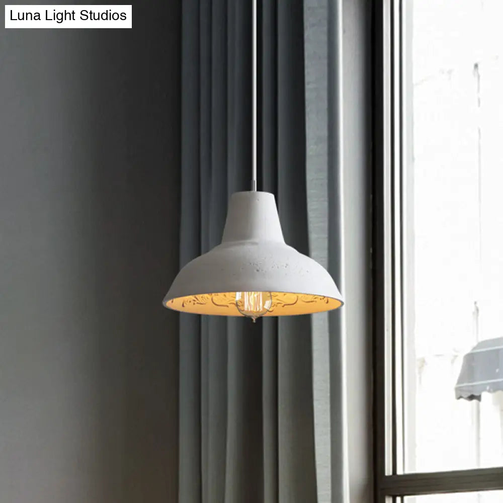Vintage Cement Hanging Light Fixture - 1-Light Restaurant Ceiling Lamp In White/Grey With Carved
