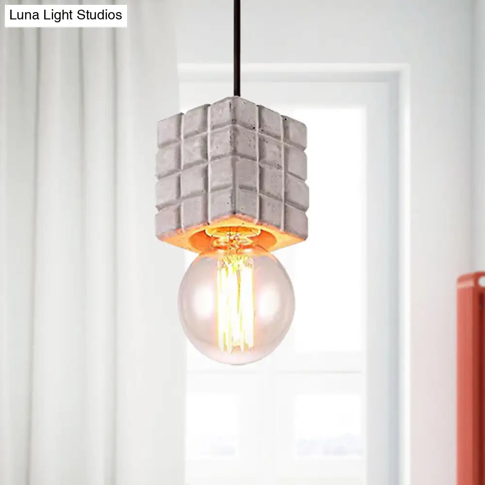 Vintage Cement Square Pendant Light With Bare Bulb For Restaurant Ceiling - Grey