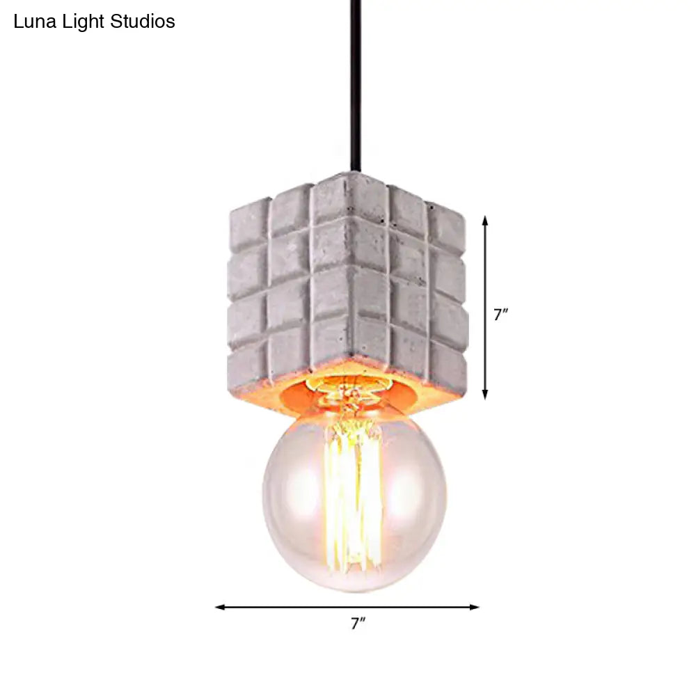 Vintage Cement Square Pendant Light With Bare Bulb For Restaurant Ceiling - Grey