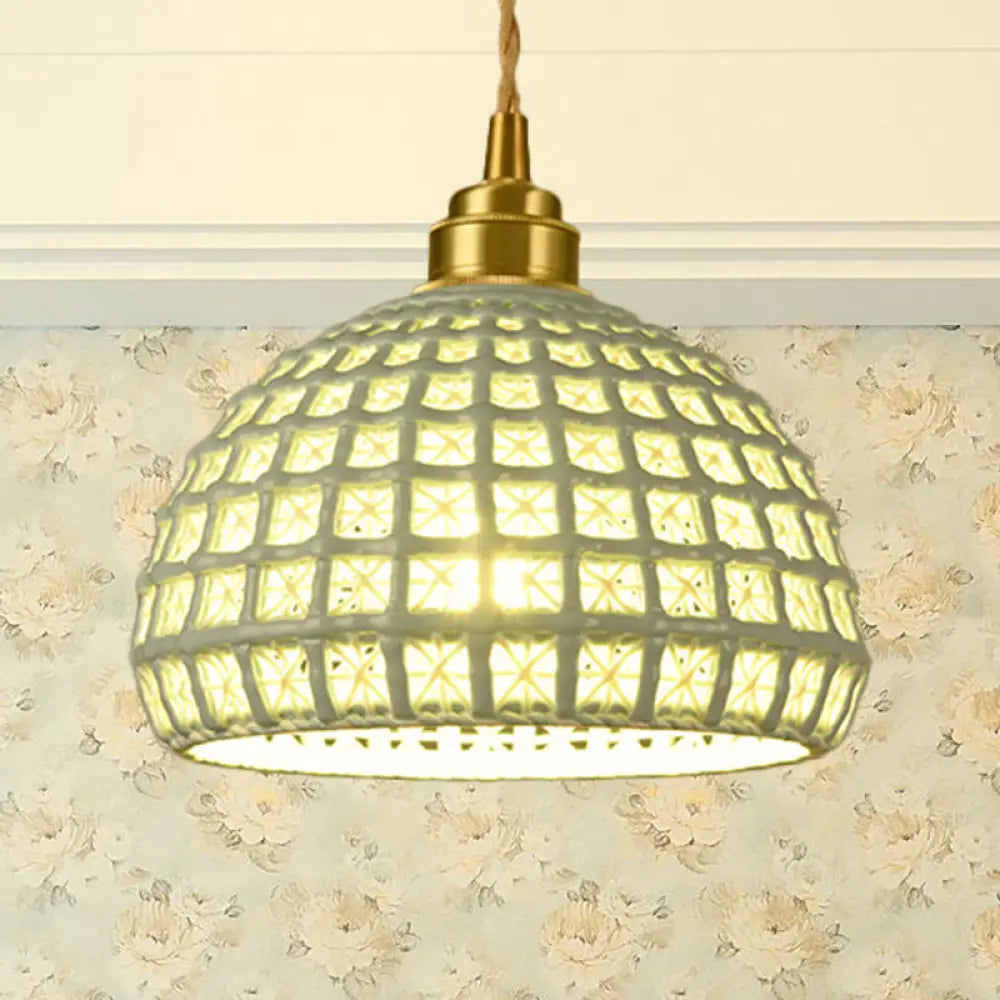 Vintage Ceramic Dome Suspension Lamp With Hollow Out Design Blue/Pink 1-Light Hanging Fixture Blue