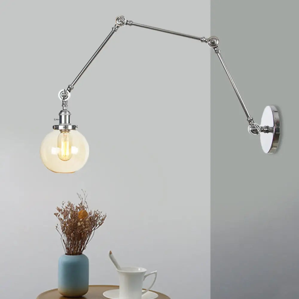 Vintage Chrome/Copper/Bronze Orb Wall Sconce Lamp - Clear/Amber Glass Adjustable Arm 1 Light Ideal