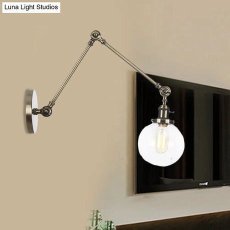 Vintage Chrome/Copper/Bronze Orb Wall Sconce Lamp - Clear/Amber Glass Adjustable Arm 1 Light Ideal