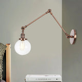 Vintage Chrome/Copper/Bronze Orb Wall Sconce Lamp - Clear/Amber Glass Adjustable Arm 1 Light Ideal