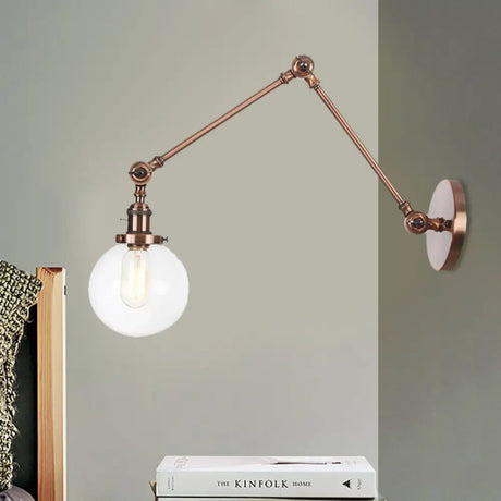 Vintage Chrome/Copper/Bronze Orb Wall Sconce Lamp - Clear/Amber Glass Adjustable Arm 1 Light Ideal