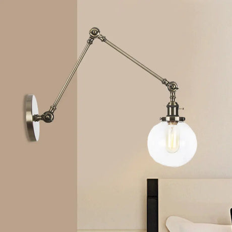 Vintage Chrome/Copper/Bronze Orb Wall Sconce Lamp - Clear/Amber Glass Adjustable Arm 1 Light Ideal