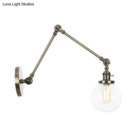 Vintage Chrome/Copper/Bronze Orb Wall Sconce Lamp - Clear/Amber Glass Adjustable Arm 1 Light Ideal