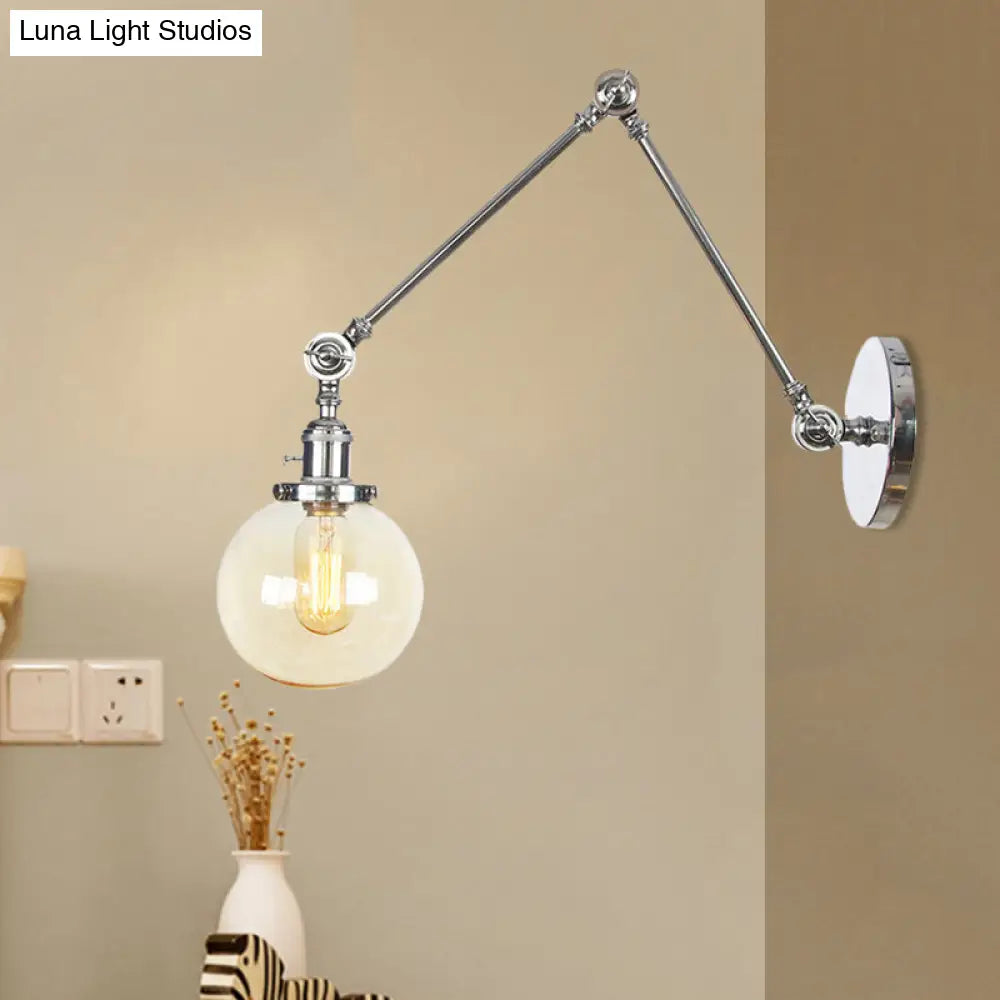 Vintage Chrome/Copper/Bronze Orb Wall Sconce Lamp - Clear/Amber Glass Adjustable Arm 1 Light Ideal