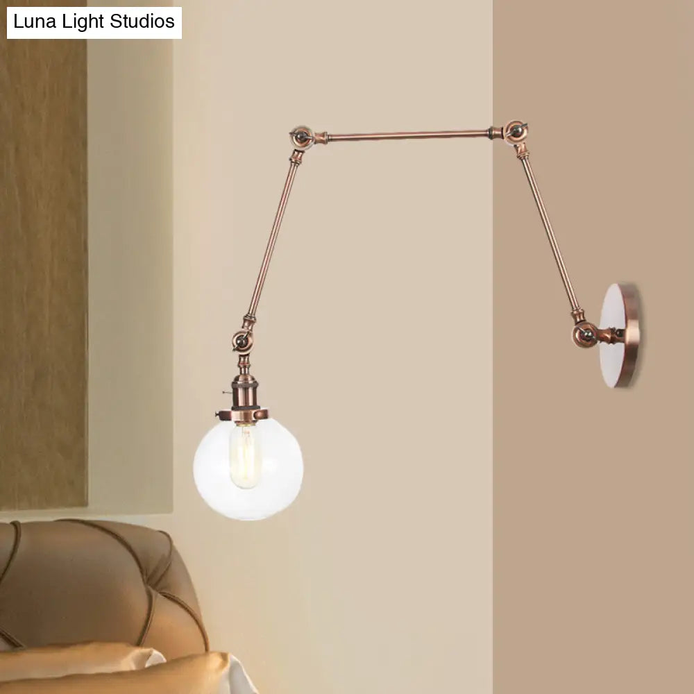 Vintage Chrome/Copper/Bronze Orb Wall Sconce Lamp - Clear/Amber Glass Adjustable Arm 1 Light Ideal
