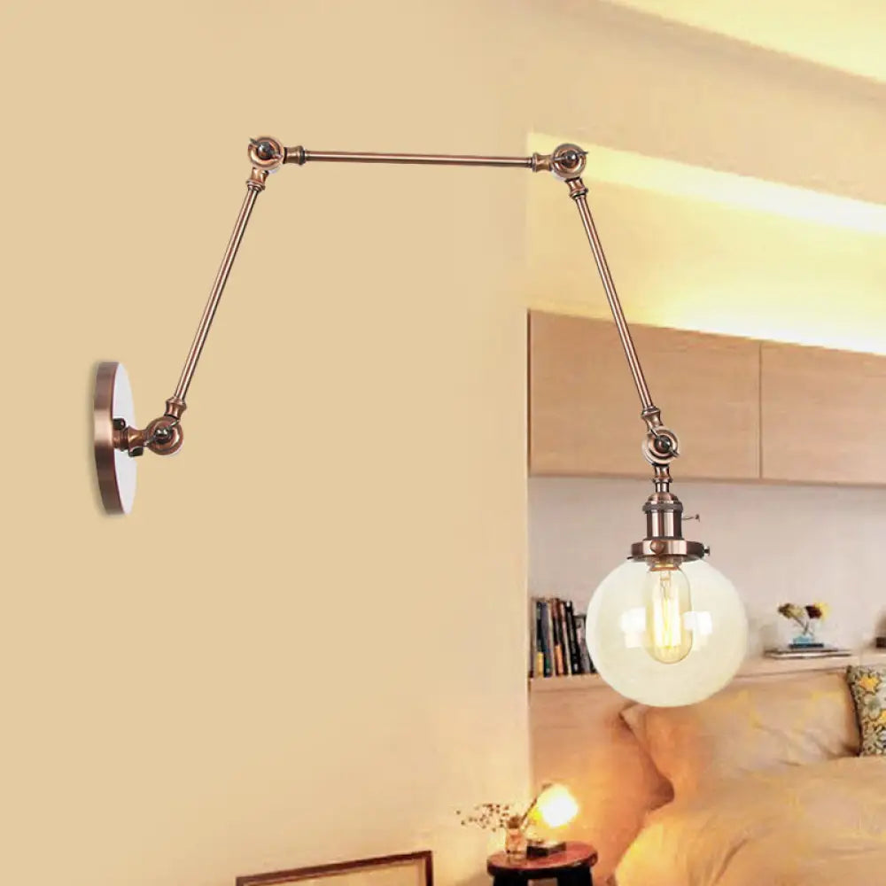Vintage Chrome/Copper/Bronze Orb Wall Sconce Lamp - Clear/Amber Glass Adjustable Arm 1 Light Ideal