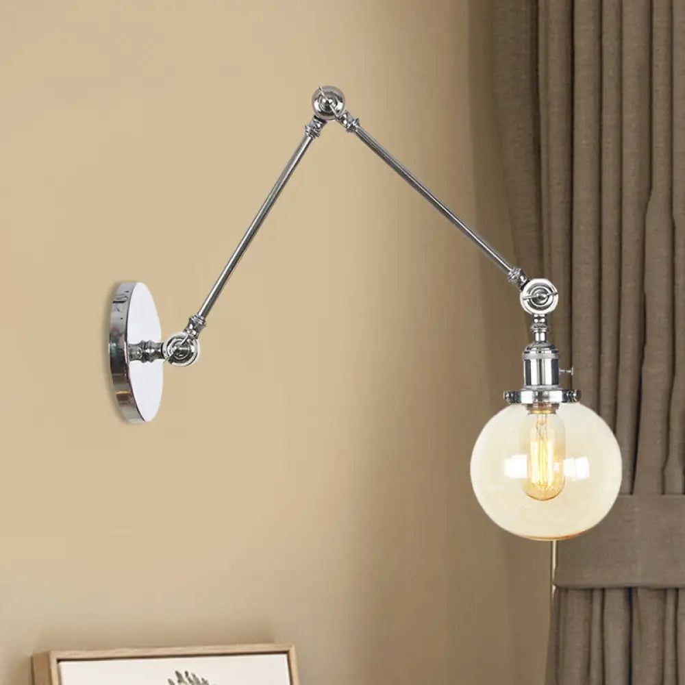 Vintage Chrome/Copper/Bronze Orb Wall Sconce Lamp - Clear/Amber Glass Adjustable Arm 1 Light Ideal