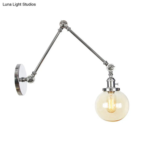 Vintage Chrome/Copper/Bronze Orb Wall Sconce Lamp - Clear/Amber Glass Adjustable Arm 1 Light Ideal