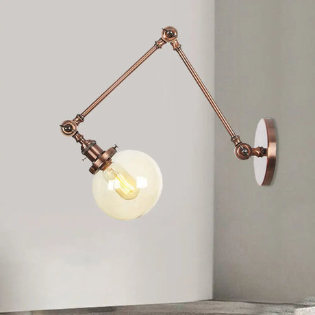 Vintage Chrome/Copper/Bronze Orb Wall Sconce Lamp - Clear/Amber Glass Adjustable Arm 1 Light Ideal
