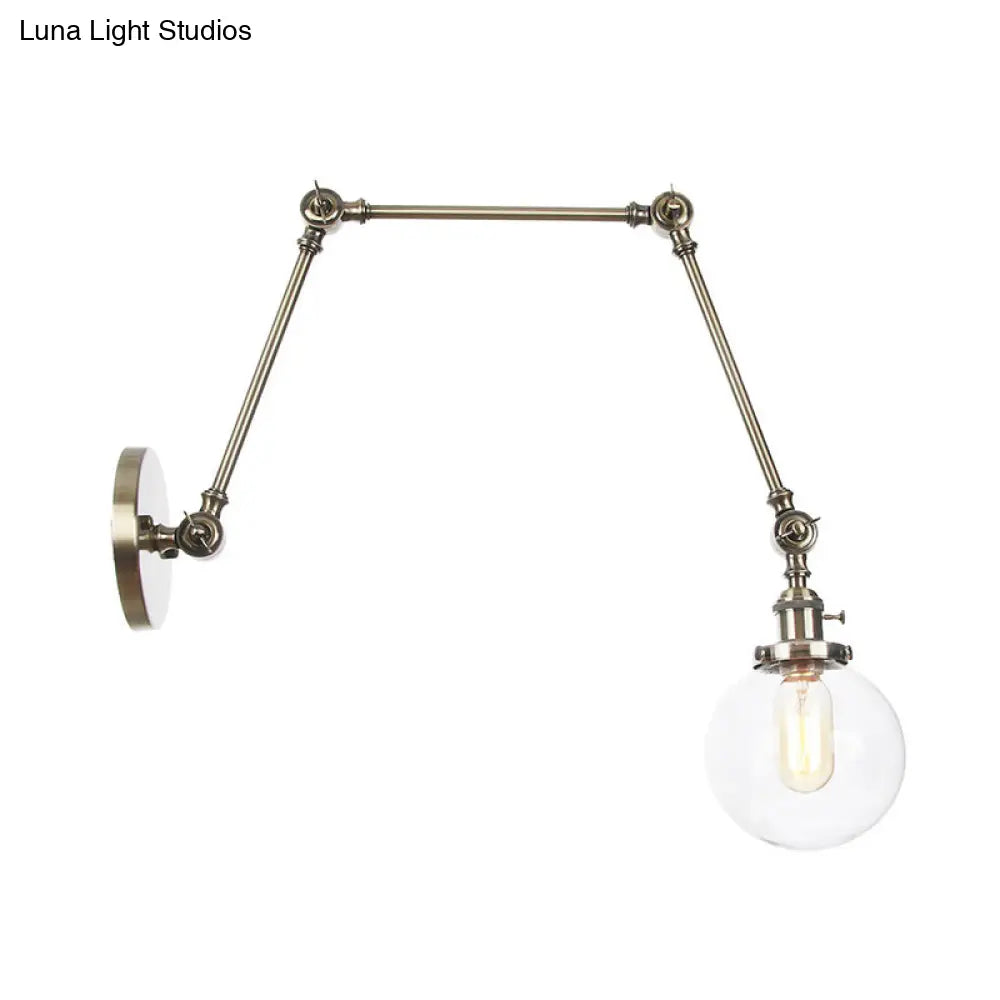 Vintage Chrome/Copper/Bronze Orb Wall Sconce Lamp - Clear/Amber Glass Adjustable Arm 1 Light Ideal