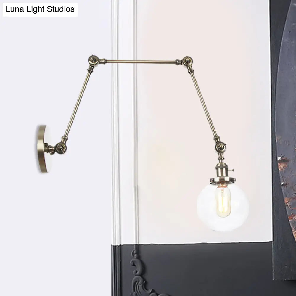 Vintage Chrome/Copper/Bronze Orb Wall Sconce Lamp - Clear/Amber Glass Adjustable Arm 1 Light Ideal