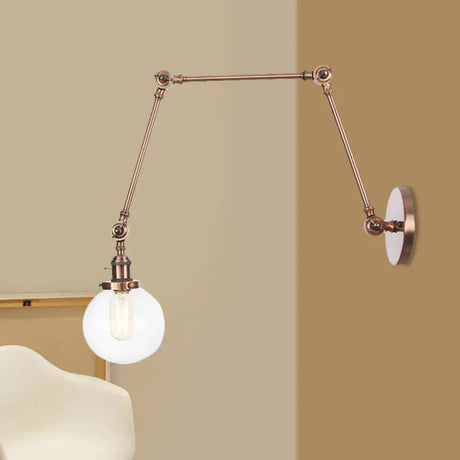 Vintage Chrome/Copper/Bronze Orb Wall Sconce Lamp - Clear/Amber Glass Adjustable Arm 1 Light Ideal
