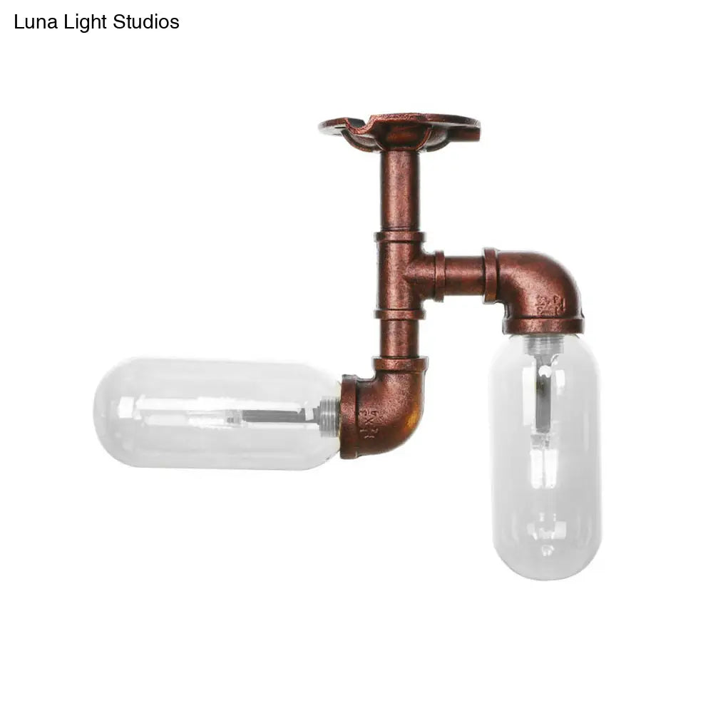 Vintage Clear Glass Semi Flush Light For Living Room With Weathered Copper Finish - 2 - Light
