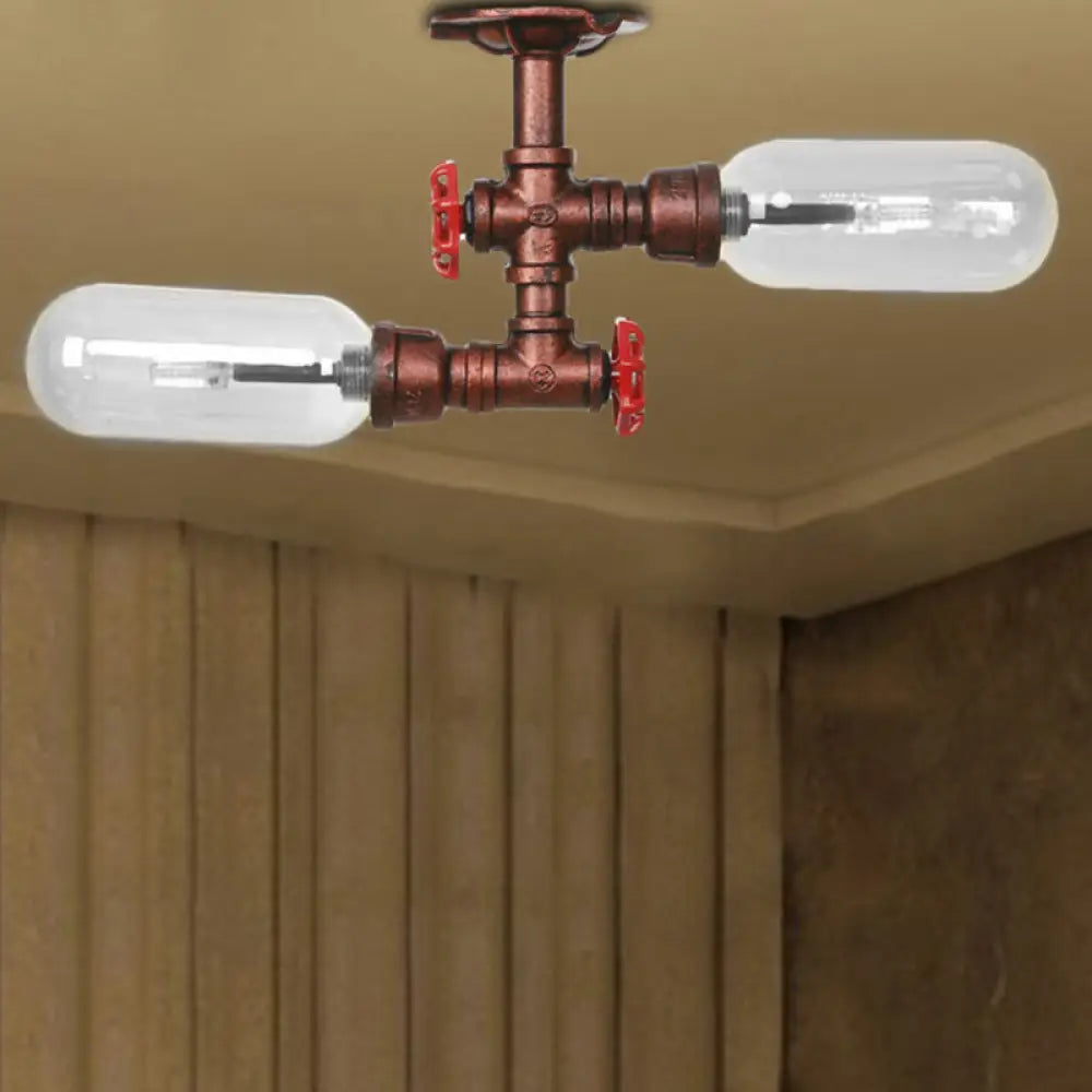 Vintage Clear Glass Semi Flush Light For Living Room With Weathered Copper Finish - 2 - Light