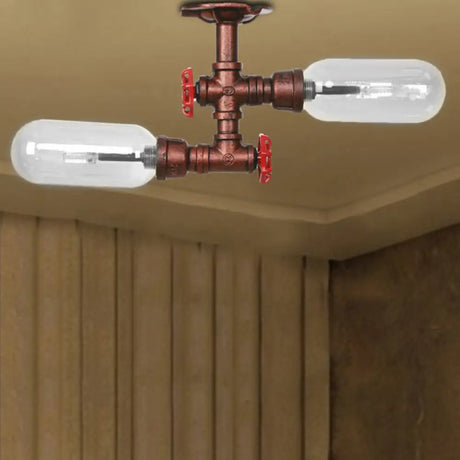 Vintage Clear Glass Semi Flush Light For Living Room With Weathered Copper Finish - 2 - Light