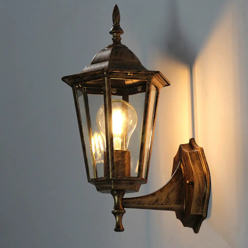 Vintage Clear Glass Wall Sconce: Tapered Single-Bulb Courtyard Lamp Bronze