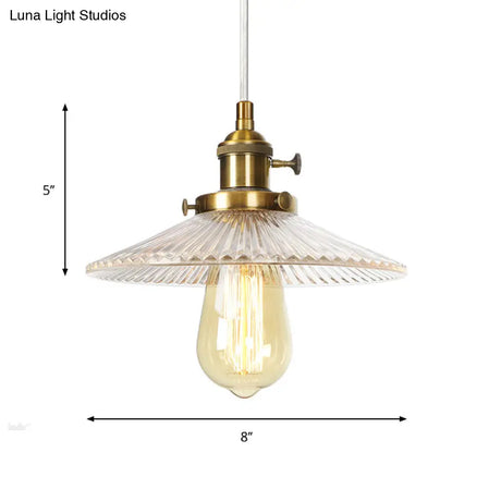 Vintage Clear Ribbed Glass Saucer Pendant Lighting For Coffee Shops - Black/Bronze/Brass Finish