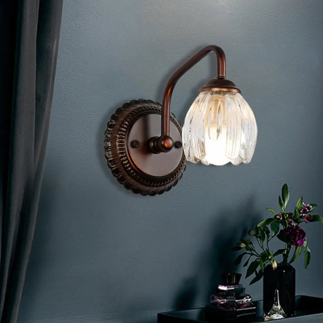 Vintage Clear Textured Glass Flower Wall Lamp - Copper Make-Up Lighting (2/3/4 Lights) 1 /