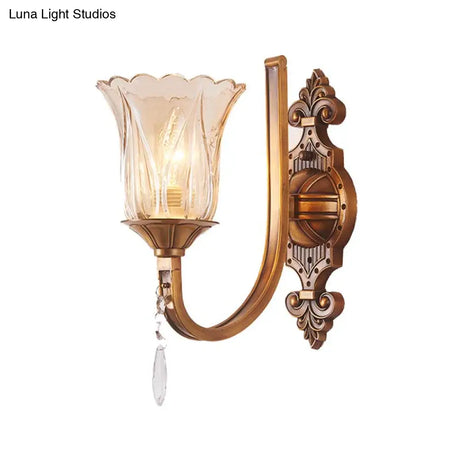 Vintage Cognac Glass Flower Wall Light With Brass Sconce Crystal Drop - 1/2 Heads