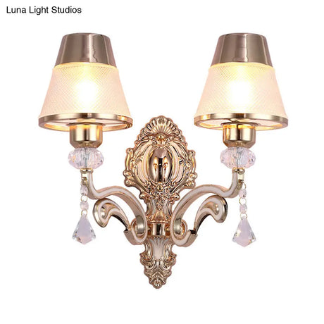 Vintage Cone Wall Lamp - Metal 2-Light Brass Sconce With Clear Glass Shade And Crystal Accent