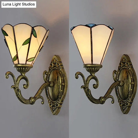 Vintage Conic Sconce Lamp: Stained Glass Wall Lighting In White/Green For Corridors