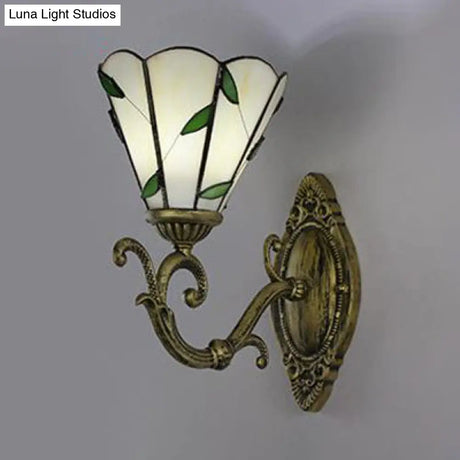 Vintage Conic Sconce Lamp: Stained Glass Wall Lighting In White/Green For Corridors